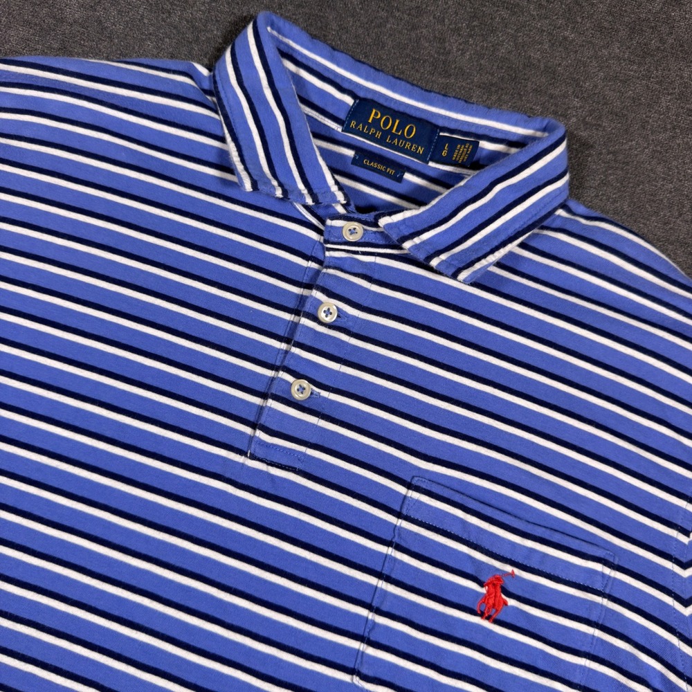 Polo Ralph‎ Lauren Polo Shirt Mens Large Blue Striped Classic Fit Pocket SS